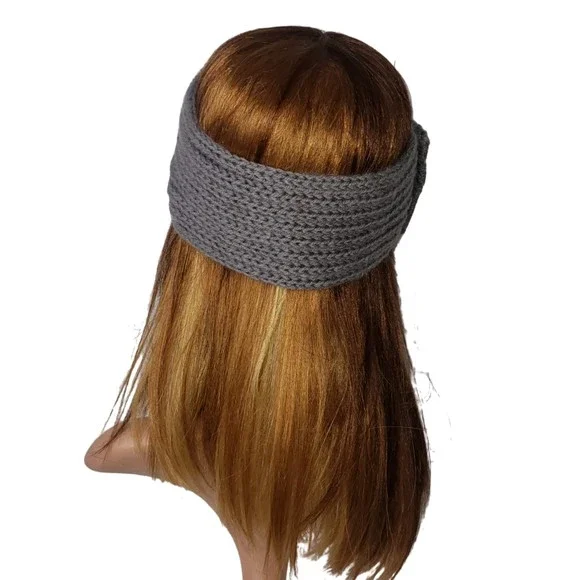 Gray Crochet Headband with Rhinestone Detail Bow - Picture 4 of 8